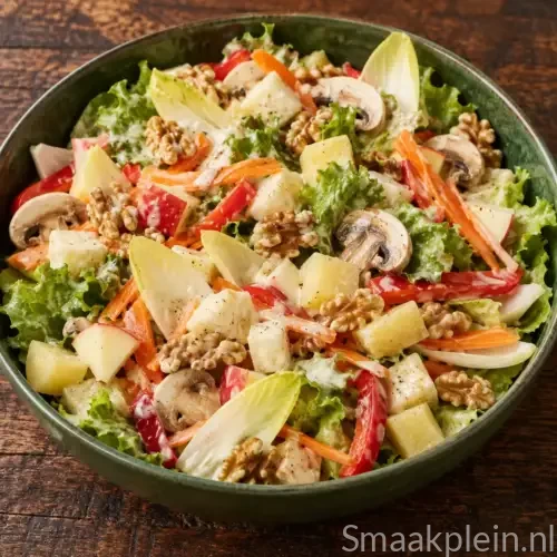Herfstsalade met knolselderij, aardappel, witlof, champignons, appel en walnoten