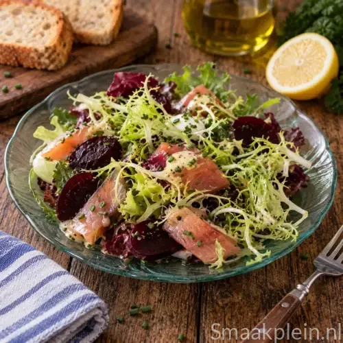 Hollandse haringsalade met maatjesharing, rode bietenballetjes, gemengde sla, crème fraîche en bieslook