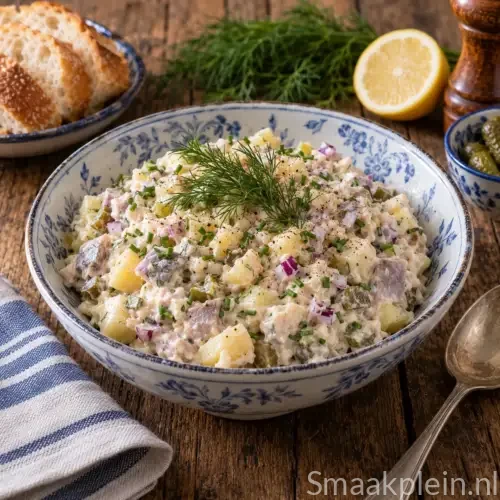Hollandse huzarensalade met haring, aardappel, appel en bieslook geserveerd op krokante chips