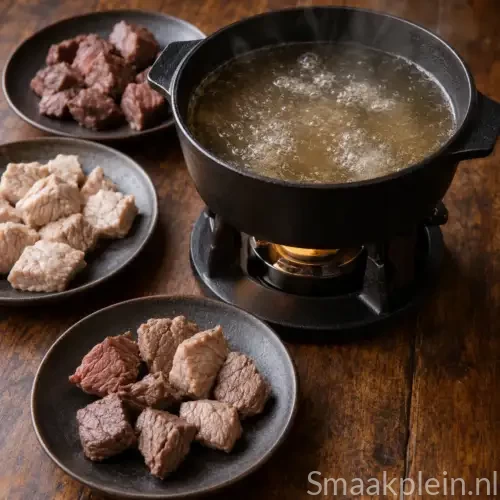 Hollandse vleesfondue met kalfsvlees, lamsvlees, kippenlever en gekruid kalfsgehakt