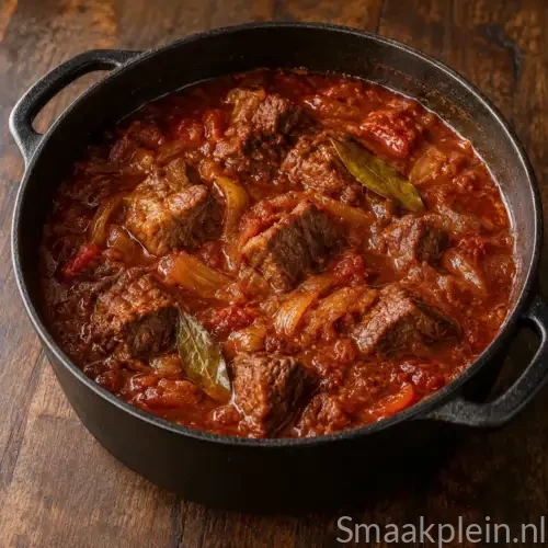 Hongaarse goulash met mals rundvlees, tomaat, ui, paprika en kruiden