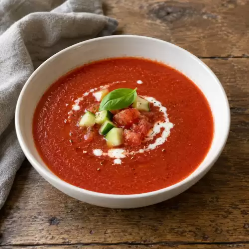 IJskoude tomatensoep met komkommer, tomaat, basilicum en een beetje room.