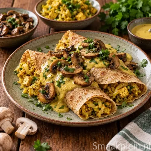 Glutenvrije Indiase boekweitwraps met tofu, witte kool, kastanjechampignons en kerriesaus