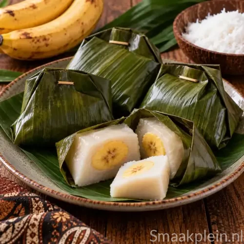 Glutenvrije Indonesische nogosari met banaan, rijstmeel, kokosmelk en pandan in bananenblad