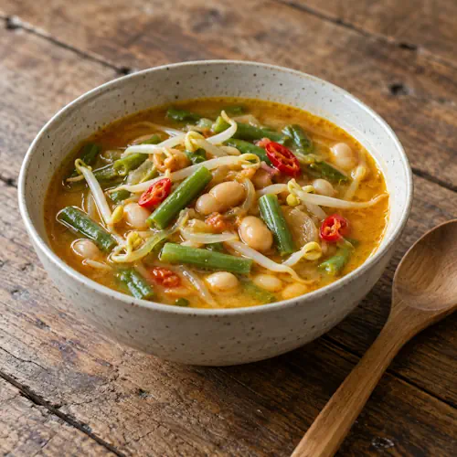 Indonesische snijbonensoep met witte bonen, taugé, rode peper en kerriebouillon.