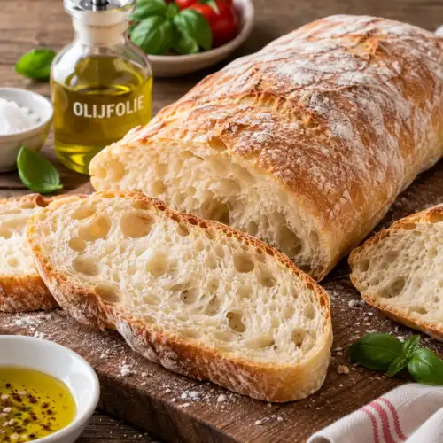 Italiaans ciabattabrood met olijfolie en een luchtige open structuur