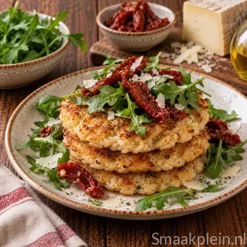Glutenvrije Italiaanse rijstpannenkoekjes met geitenkaas, rucola en zongedroogde tomaat