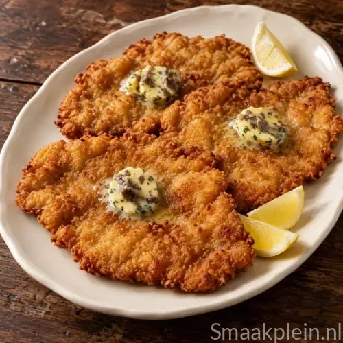 Kalfslapjes op z’n Weens met krokant paneermeel en ansjovisboter.