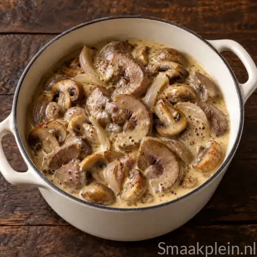 Kalfsnier in de cocotte met champignons, ui en romige mosterdsaus.