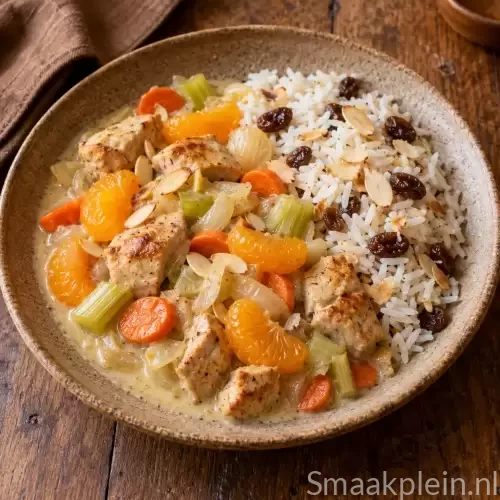 Kalkoen met mandarijntjes, romige saus en rijst met rozijnen en amandelen.