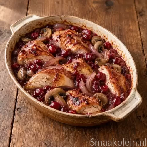 Kalkoen met veenbessensaus, ui en champignons uit de oven.