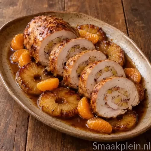 Kalkoenrollade met ananas en mandarijn geserveerd met een warme portsaus