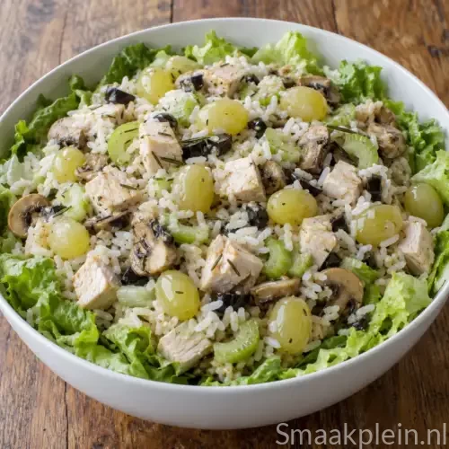 Kalkoensalade met witte druiven, rijst, bleekselderij, champignons en zwarte olijven