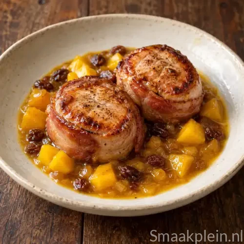 Kalkoentournedos met fruitige mangosaus, mangochutney en rozijnen