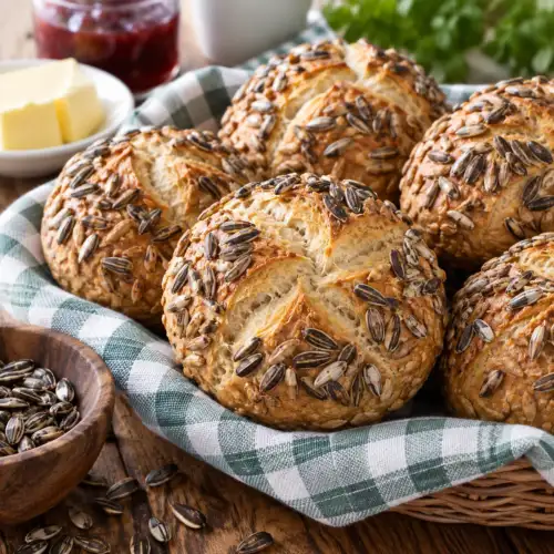 Zelfgebakken kampioenbroodjes met roggemeel en zonnebloempitten