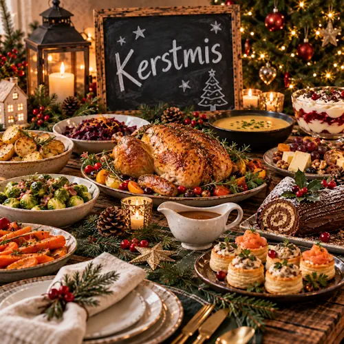 Feestelijke kersttafel met gebraad, zalm, groenten, aardappelgerecht, soep, borrelhapjes en kerstdessert op een rustieke houten tafel