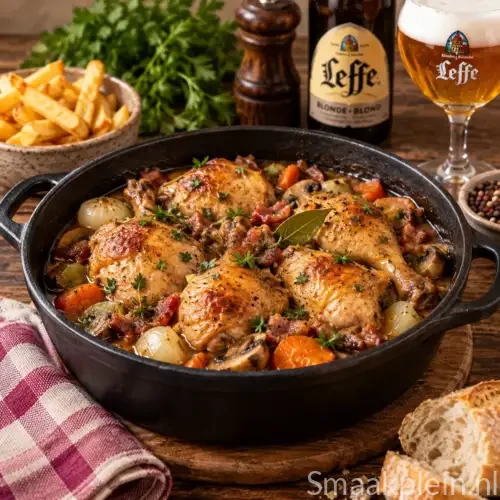 Gestoofde kip in romige biersaus met champignons, sjalot en peterselie