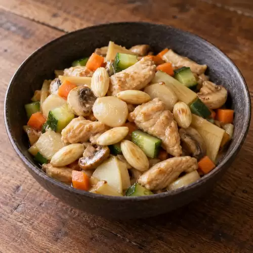 Kip met amandelen, komkommer, kastanjes, bamboescheuten en champignons.