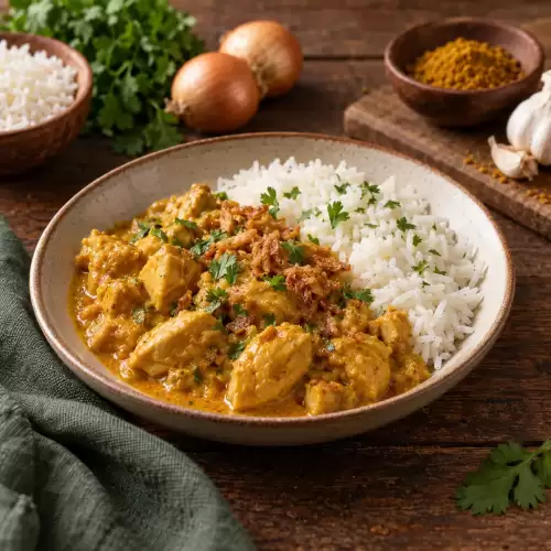 Kip met curry-rijst met romige currysaus, witte rijst en verse kruiden op een rustieke houten tafel.