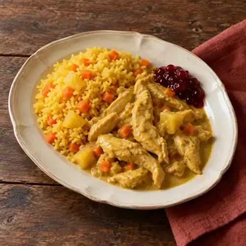 Kip met kerrierijst, ananas en rodebessencompote.