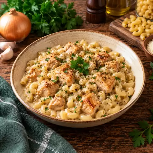 Kip met macaroni in een romige saus met ui en verse kruiden op een rustieke houten tafel.
