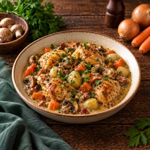 Kip op grootmoeders wijze met wortel, champignons, aardappelen en spek in een romige saus op een rustieke houten tafel.