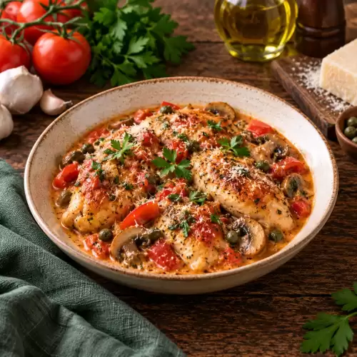 Kip op z’n Italiaans met tomaat, champignons, kappertjes en Parmezaanse kaas op een rustieke houten tafel.