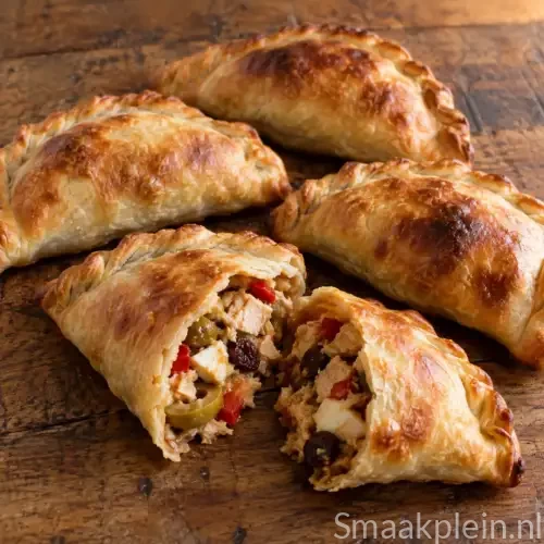 Goudbruine kipempanadas gevuld met kip, groene olijven, rode paprika, rozijnen en ei