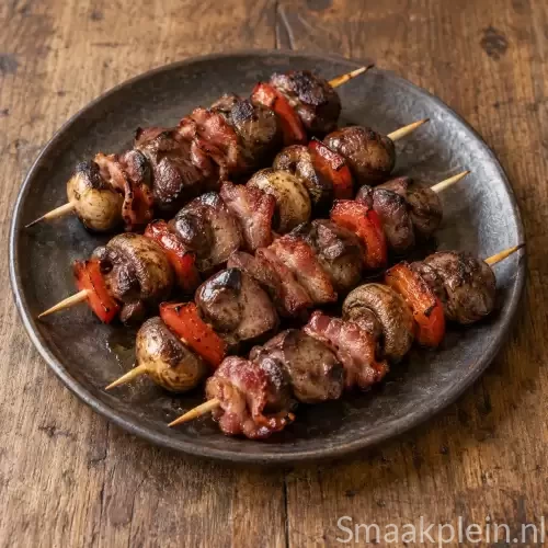 Kipleverspiesjes met gerookt spek, champignons, rode paprika en zilveruitjes