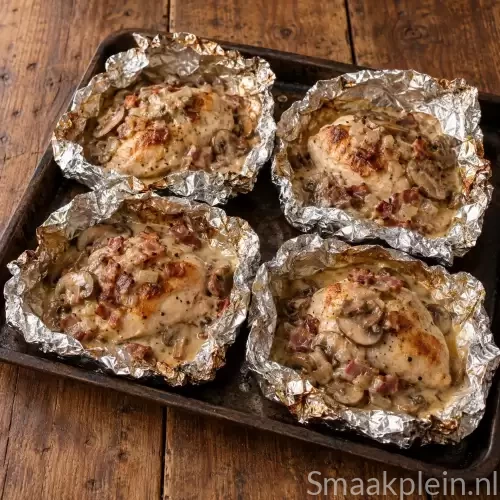 Kippakketjes met champignons, gerookt spek en ui uit de oven