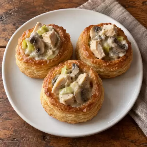 Kippenpasteitjes in romige saus met kip, champignons en prei.