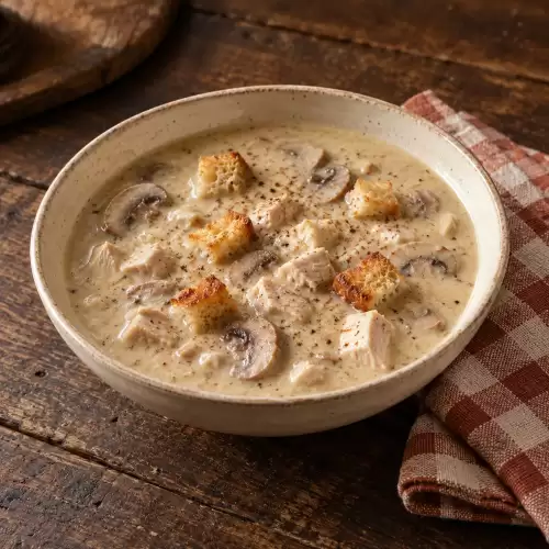 Romige kippenroomsoep met champignons, kipblokjes en gebakken broodcroutons.