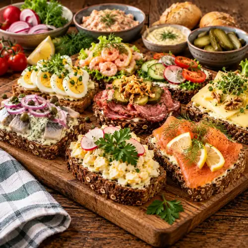 Klassiek Zweeds smörgåsbord met haring, vis, vlees, salades, kaas en verschillende soorten brood