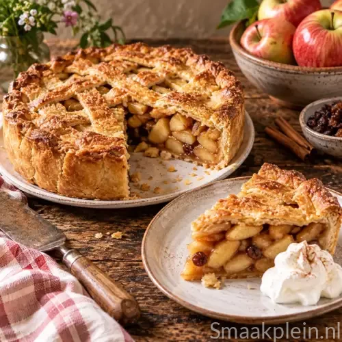 Klassieke appeltaart met bladerdeegdeksel, appel, rozijnen en kaneel