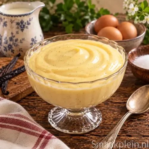 Klassieke Engelse crème met melk, eidooiers, suiker en vanille
