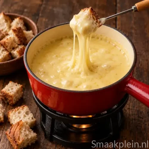 Klassieke kaasfondue met Emmentaler, witte wijn en broodblokjes om te dippen