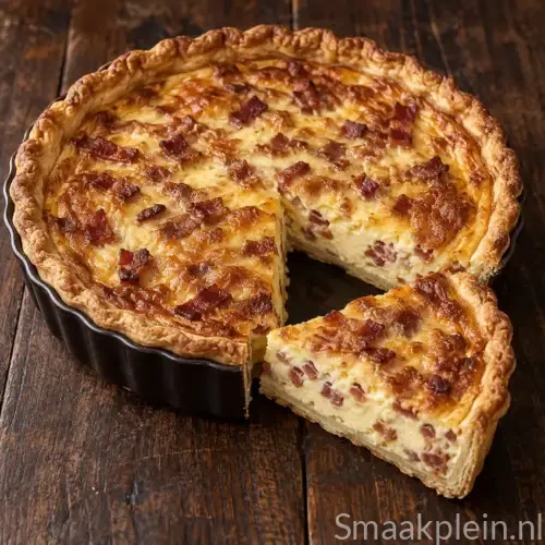Klassieke Quiche Lorraine met krokante deegbodem en romige vulling van spek, eieren en slagroom
