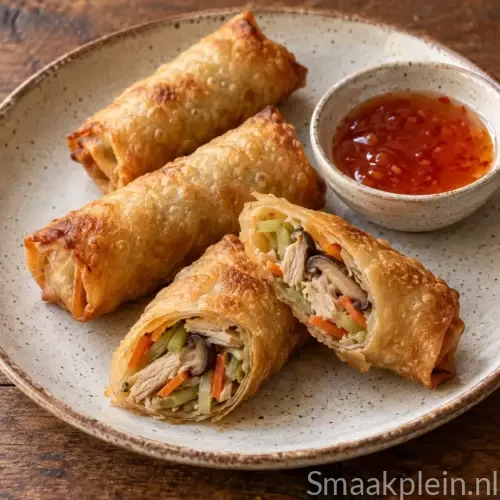 Knapperige kiploempia’s uit de airfryer gevuld met kipfilet, wortel, bleekselderij en champignons