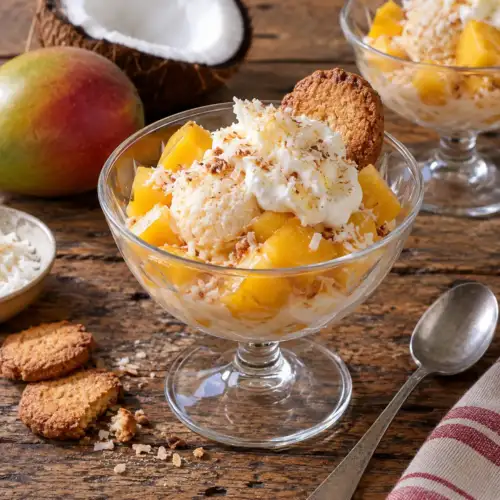 Kokos-mangodessert met yoghurt, verse mango, slagroom, geraspte kokos en kokosbiscuit
