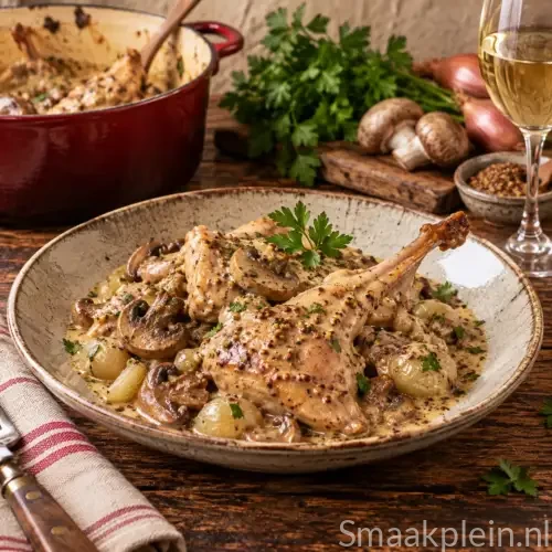 Konijn met romige mosterdsaus, witte wijn, tijm en peterselie