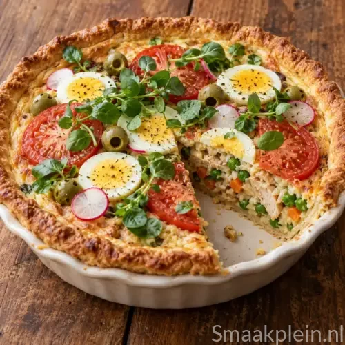Koude kipquiche met rijst, doperwtjes, wortel, tomaat en ei