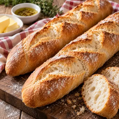 Krokant zelfgebakken stokbrood uit de broodbakmachine met goudbruine korst