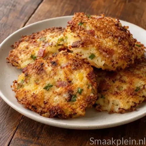 Krokante aardappelpannenkoekjes uit de airfryer met Goudse kaas, ontbijtspek en lente-ui