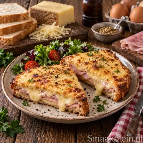 Franse croque-monsieur met gesmolten Gruyère en bacon op goudbruin gebakken brood