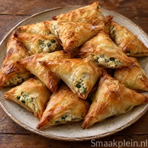 Krokante filodeegdriehoekjes met feta, lente-ui en peterselie.