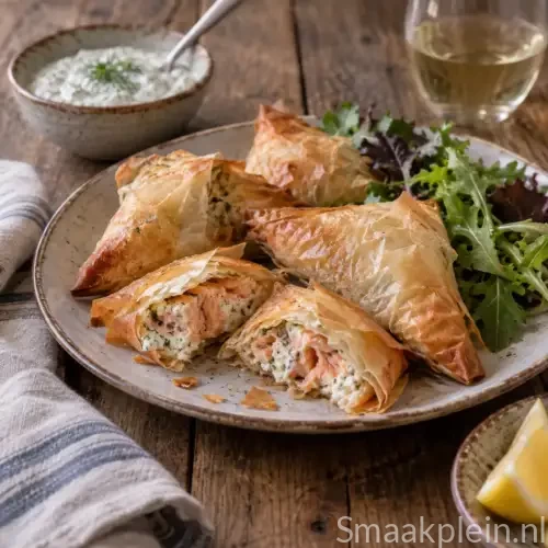 Krokante filodriehoekjes met gerookte zalm, crème fraîche en ei als warm borrelhapje