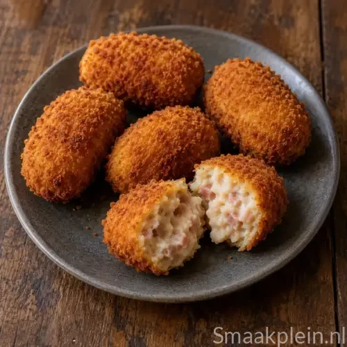 Krokante hamkroketten met een hartige vulling van ham, varkensvlees en verse kruiden