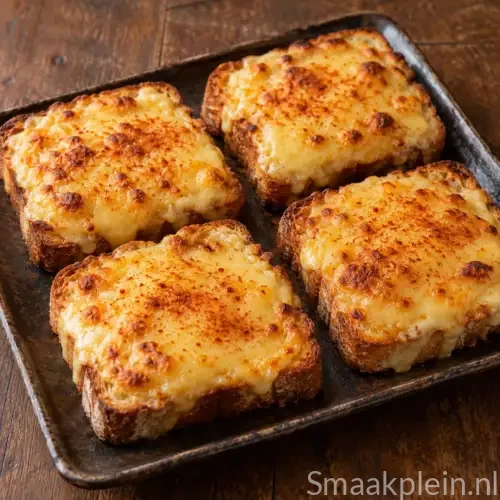Krokante gegratineerde kaastoasts met Cheddar, Engels bier en mosterd