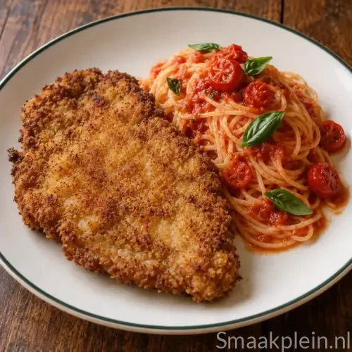 Krokante kalfslapjes met cappellini, tomatensaus, kerstomaten en Parmezaanse kaas