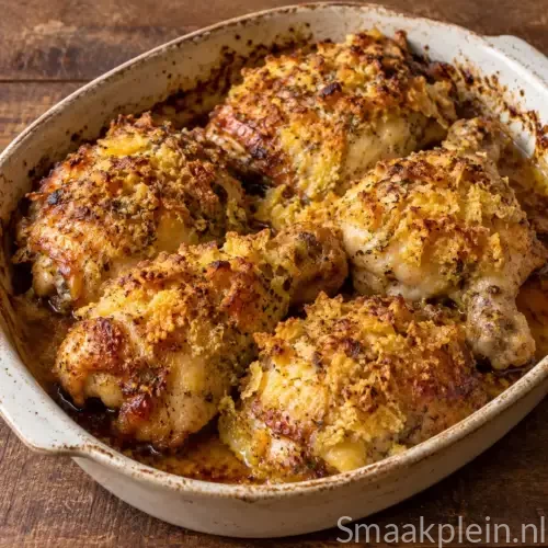 Krokante kip met een goudbruin korstje van aardappelcrackers, kaas en knoflook